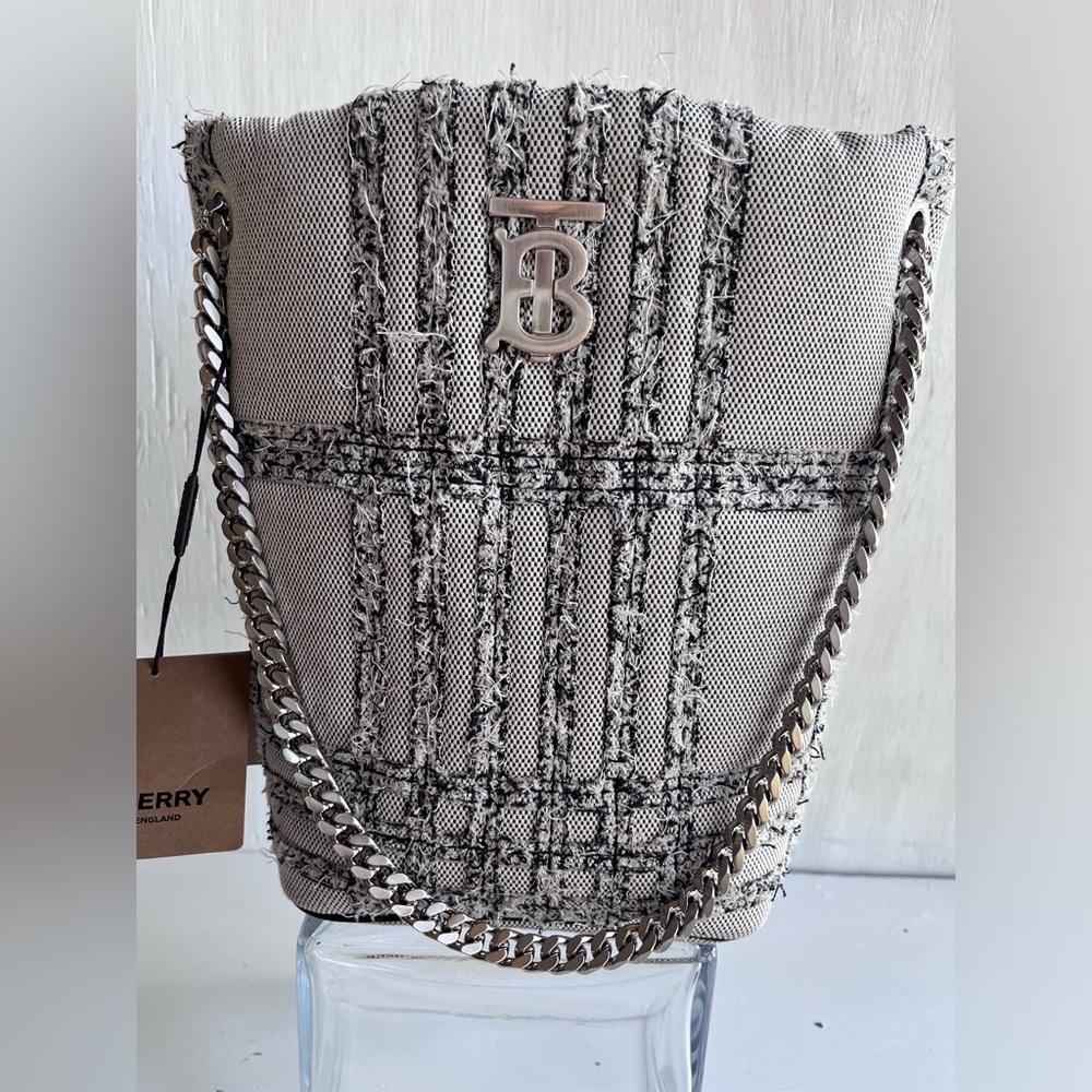 BURBERRY Lola Needle Punch Check Canvas Small Bucket Bag- Black and White - Picture 8 of 13